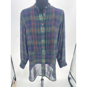 Chaps Plaid Semi Sheer Blouse Button Down Front Christmas Plaid Size S Bin12